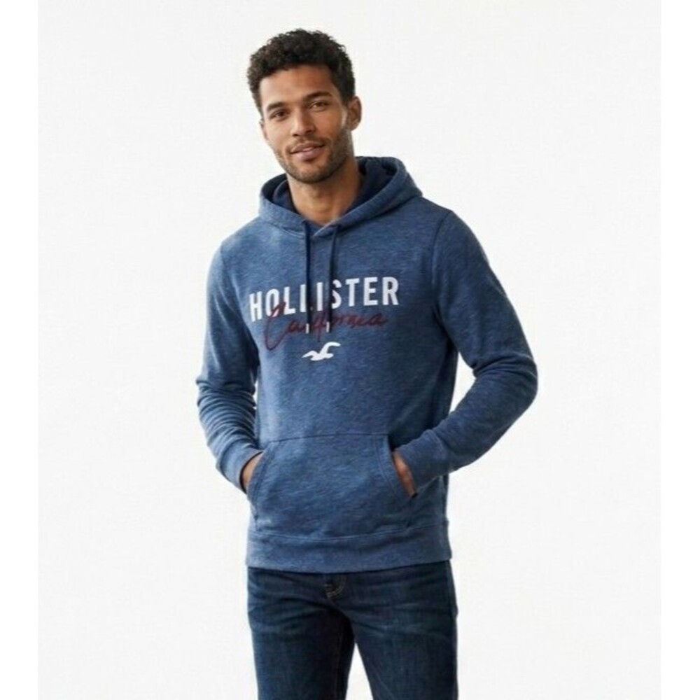 Hollister Men's Hoodie Blue Heather Logo Graphic Pullover Sweatshirt Small